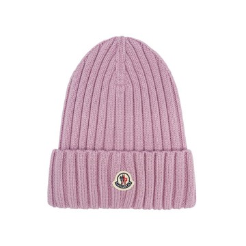 Moncler 品牌徽標羊毛螺紋針織毛帽(粉)