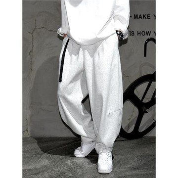 日系休閑痞帥寬松闊腿彎刀針織衛褲男松緊腰百搭直筒灰色運動褲潮