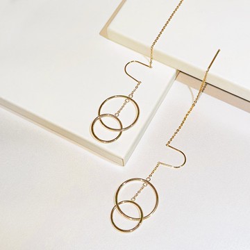 垂墜式圓形14K金色 316醫療鋼耳環/抗敏 不鏽鋼耳環 垂墜耳環