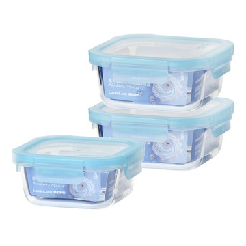 LocknLock 樂扣樂扣 GLASS 耐熱玻璃保鮮盒 藍莓慕斯 Set 冷凍 烤箱 氣炸鍋皆適用  1組  520ml + 800ml x 2個