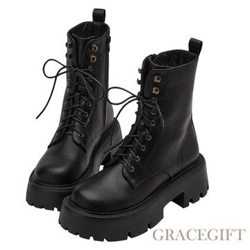 【Grace Gift】率性英倫圓頭厚底綁帶軍靴 黑