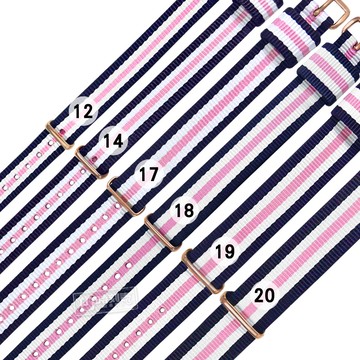 Watchband / 12.14.17.18.19.20 mm / DW 各品牌通用 鍍玫瑰金不鏽鋼扣頭 尼龍錶帶 藍x白x粉 ＃828-31-BWPWB-R