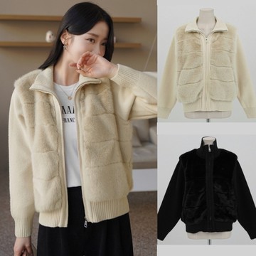 氣質針織拼接毛絨立領拉鍊保暖外套．白鳥麗子