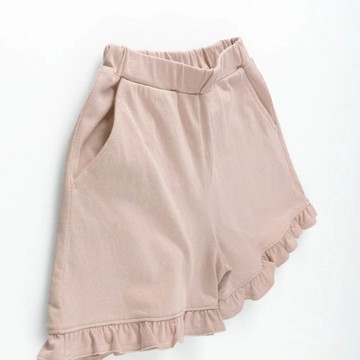 日本 BRANSHES - 純棉荷葉邊女孩印花短褲-素面-粉紅