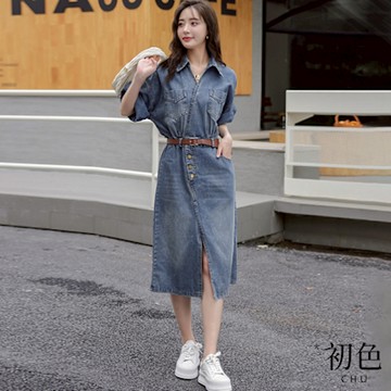 初色 復古純色翻領短袖牛仔A字開衩收腰連身洋裝連身裙-藍色-10489(M-3XL可選)