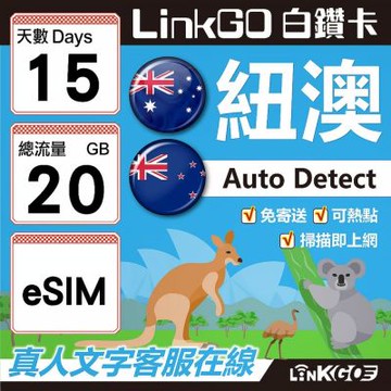LINKGO白鑽卡 紐澳 eSIM卡 15天上網卡 總流量20GB 高速流量(紐澳網卡 紐西蘭 澳洲 虛擬卡)