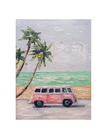 復古汽車繪畫棕櫚樹圖片海灘牆藝術海洋繪畫牆裝飾