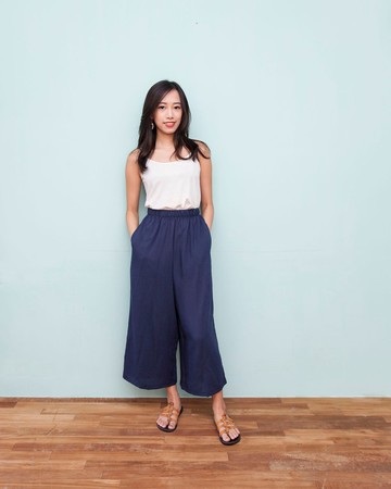 深藍棉麻寬褲-蜜蜂刺繡