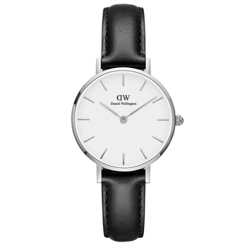 【Daniel Wellington】浪漫雪菲爾黑色皮帶石英腕錶-銀框/28mm(DW00100242)