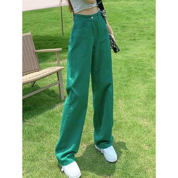 春秋新款墨綠色闊腿牛仔褲女土個性直筒拖地褲休閑潮流顯瘦jeans