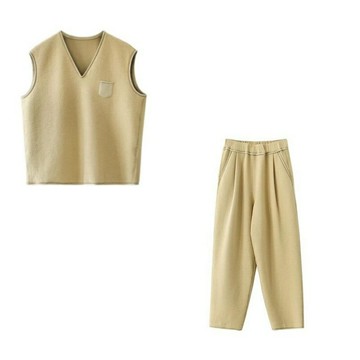 現貨+預購 休閒套裝無袖褲裝-拼毛織背心高彈寬管褲女裝74kc46【獨家進口】【米蘭精品】