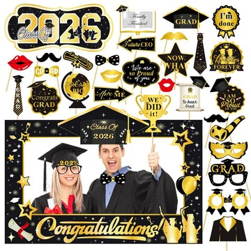 【臺灣出貨】新款跨境 2026年黑金畢業季拍照相框 紙質道具眼鏡畢業帽裝飾用品ll