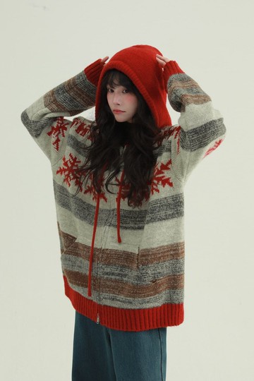 2顔色 冬日雪花 連帽費爾島毛衣 針織復古提花文藝復古上衣