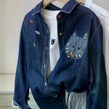 特大碼300斤美式潮牌刺繡牛仔襯衫女春秋季時尚寬鬆襯衣外套ins