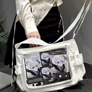 Bag House👜 校園百搭簡約純色單肩斜挎郵差包紮穀透明吧唧女JK二次元娃包痛包
