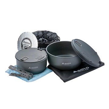 SOTO 戶外鍋具9件組 SOD-501 大鍋 + 大鍋蓋 + 大鍋收納袋 + 小鍋 + 小鍋蓋 + 小鍋保溫收納袋 + 隔熱墊 + 鍋夾 + 鍋夾收納袋  黑色  1組
