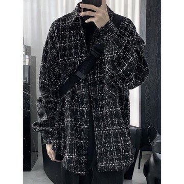 編制小香風毛呢襯衫男日系加厚格子襯衣外套秋冬季保暖高級感男裝