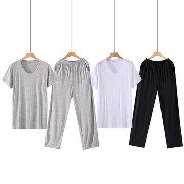 男士夏季莫代爾短袖長褲家居服冰絲薄款寬松休閑套裝大碼外穿家居