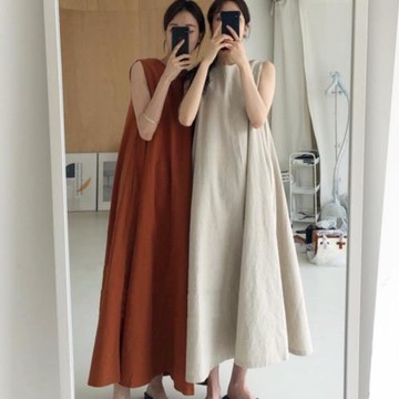日系顯瘦圓領復古無袖大擺棉麻連衣裙女夏韓版chic寬松過膝長裙潮