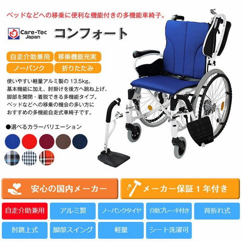 ケアテックジャパン 自走式 アルミ製 車椅子 兼用 折りたたみ ケアテックジャパン 自走式 アルミ製 折りたたみ 車椅子 コンフォート