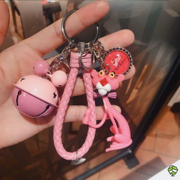 網紅ins粉紅鑰匙扣女韓國創意可愛公仔鈴鐺頑皮豹少女心書包掛件