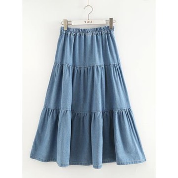 夢箱子2025秋新款清新純色A字半身裙松緊腰拼接蛋糕裙中長牛仔裙