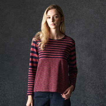 純棉條紋段染圓領長袖上衣(2色)