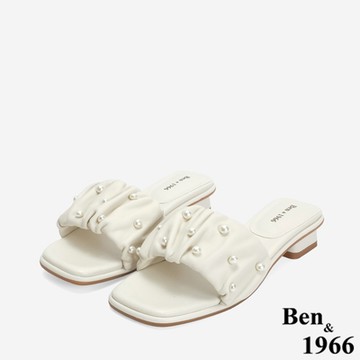 Ben&1966柔軟羊皮氣質珍珠一字低跟涼拖鞋-米白(246542)