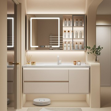 陶瓷一體盆浴室柜衛生間洗漱臺洗臉盆柜組合智能鏡柜奶油風洗手臺[DD150110]