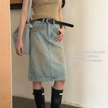 S-XL 復古懷舊藍色牛仔裙 五分牛仔半身裙 高腰氣質裙子 百搭顯瘦中長裙 美式a字裙 復古女裝 夏天女裝