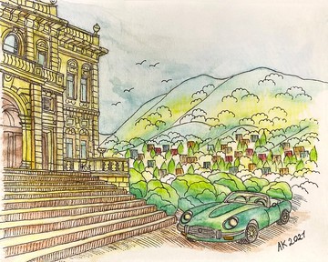 義大利夏季水彩畫，捷豹汽車，科莫湖，埃爾巴別墅，藝術品