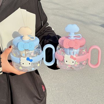 女生可愛夏天kitty水杯帶手柄大容量吸管杯茶水分離塑料杯子批發