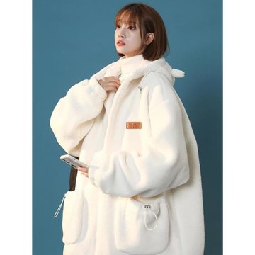 冬季加絨加厚連帽羊羔毛棉服女胖mm學生大碼棉衣寬松毛絨保暖外套