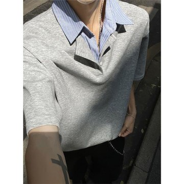 假兩件襯衫領短袖男夏季潮牌翻領T恤痞帥潮流寬松半袖休閑polo衫