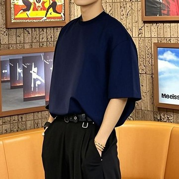 老錢風上衣 衣服男 韓系上衣 藏藍色短袖休閒2025潮牌港風慵懶風時尚ins氣質帥氣流行韓版潮流素t 短袖t恤男 男生