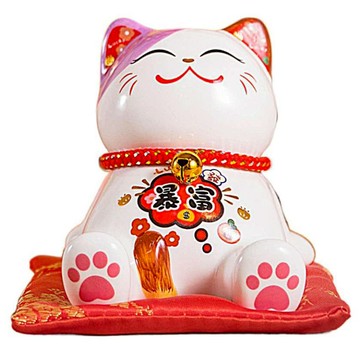 摩達客 春節笑臉招財貓手機支架含坐墊 (10 x 12 x 12cm 白色) 桌面擺飾