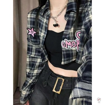 🎈流行女裝🎈2023夏季新款刺繡短款襯衫女寬鬆顯瘦格子襯衣防曬外搭百搭上衣潮