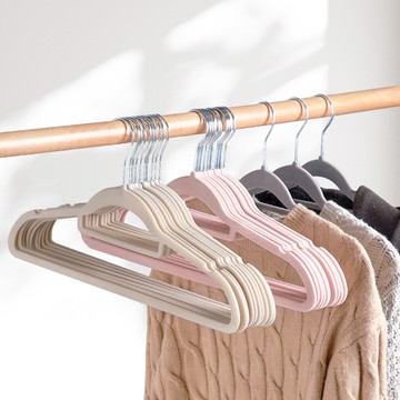 收納職人 無痕防滑加厚45cm植絨衣架10入/組_3色任選 - 粉紅色