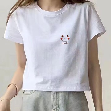 胖胖美依 短版上衣 短袖T卹 印花上衣 簡約 露臍 S-2XL新款短袖新款簡約寬鬆印花百搭上衣-6952.