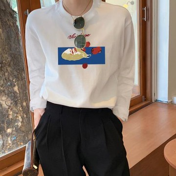 白色正肩t恤女長袖秋季新款小眾個性印花棉質內搭打底衫百搭上衣