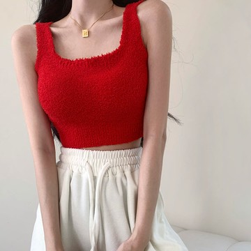 ANNAS 韓國羊羔絨背心 短版小可愛 絨毛保暖 胸墊罩杯 性感 外穿打底衫 性感百搭 聖誕節跨年新年派對