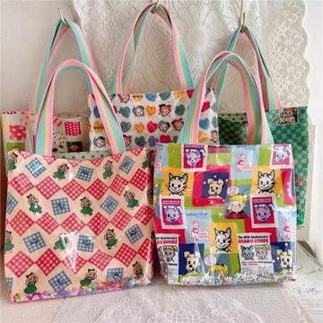 日系可愛插畫印花棉布手提袋手拎包大容量單肩包 透明流沙亮片