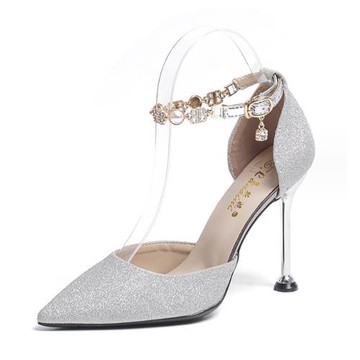 JP Queen New York 金蔥亮粉氣質水鑽珍珠一字扣大小尺碼女士涼跟鞋(銀色3種跟高可選)