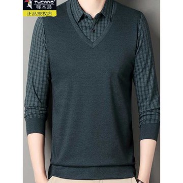 啄木鳥中老年人假兩件爸爸純棉春秋裝中年男士長袖T恤上衣打底衫