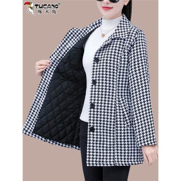 啄木鳥千鳥格加絨外套女秋冬2025新款洋氣百搭女士中長款夾棉外衣