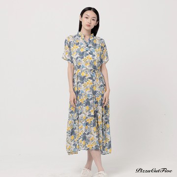 [涼感洋裝｜兩件1580]手繪感花卉立領短袖連身洋裝 PizzaCutFive PCF262485131
