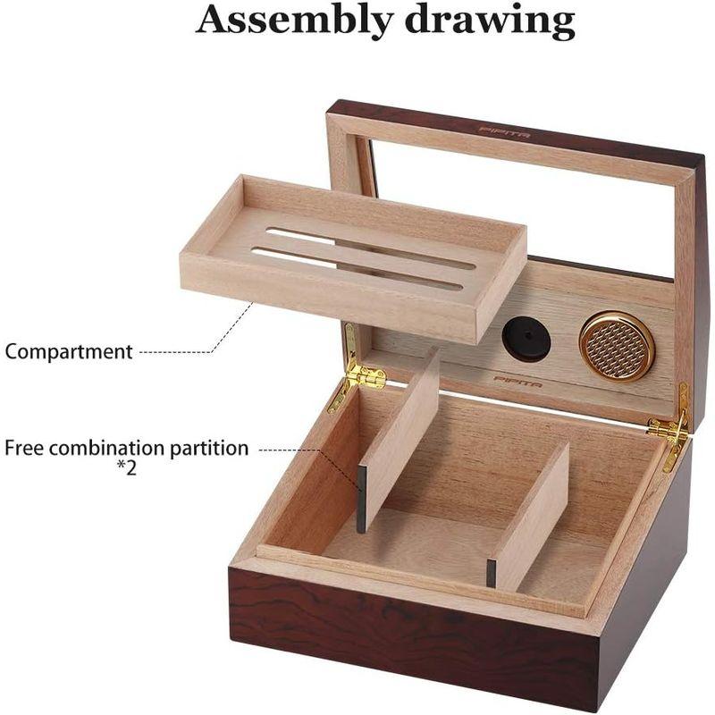PIPITA グラストップシガーヒュミドール シガーホルダー 葉巻ケース 湿度計と加湿器付きトレイと調整可能な仕切り杉の木デスクトップシガー