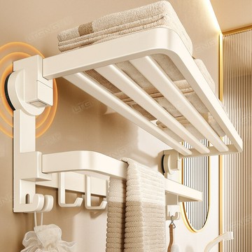 奶油風吸盤浴巾置物架衛生間免打孔墻上壁掛浴室廁所毛巾掛桿套裝