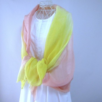 草木染・和紙・蚊帳織・大尺寸圍巾_1・槐樹花與茜草染・蜜桃橘