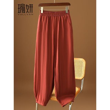 天絲亞麻哈倫蘿卜褲女2025夏款運動褲子薄高腰顯瘦垂感休閑燈籠褲